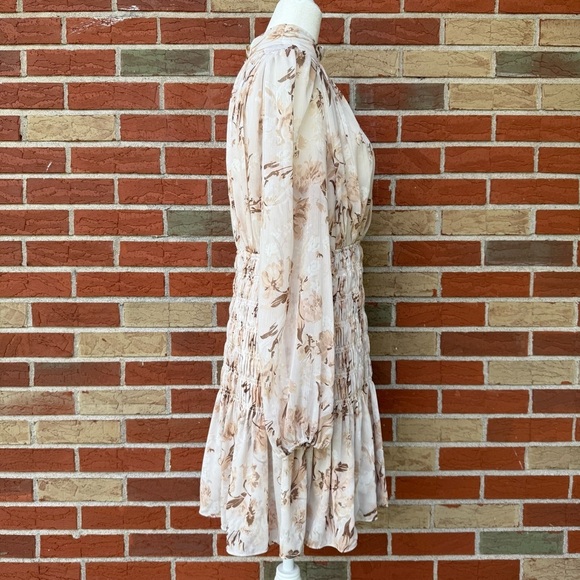 House of Harlow NWT 1960 Long Sleeve Cream Tan Floral Smocked Mini Dress 👗 - Picture 7 of 17